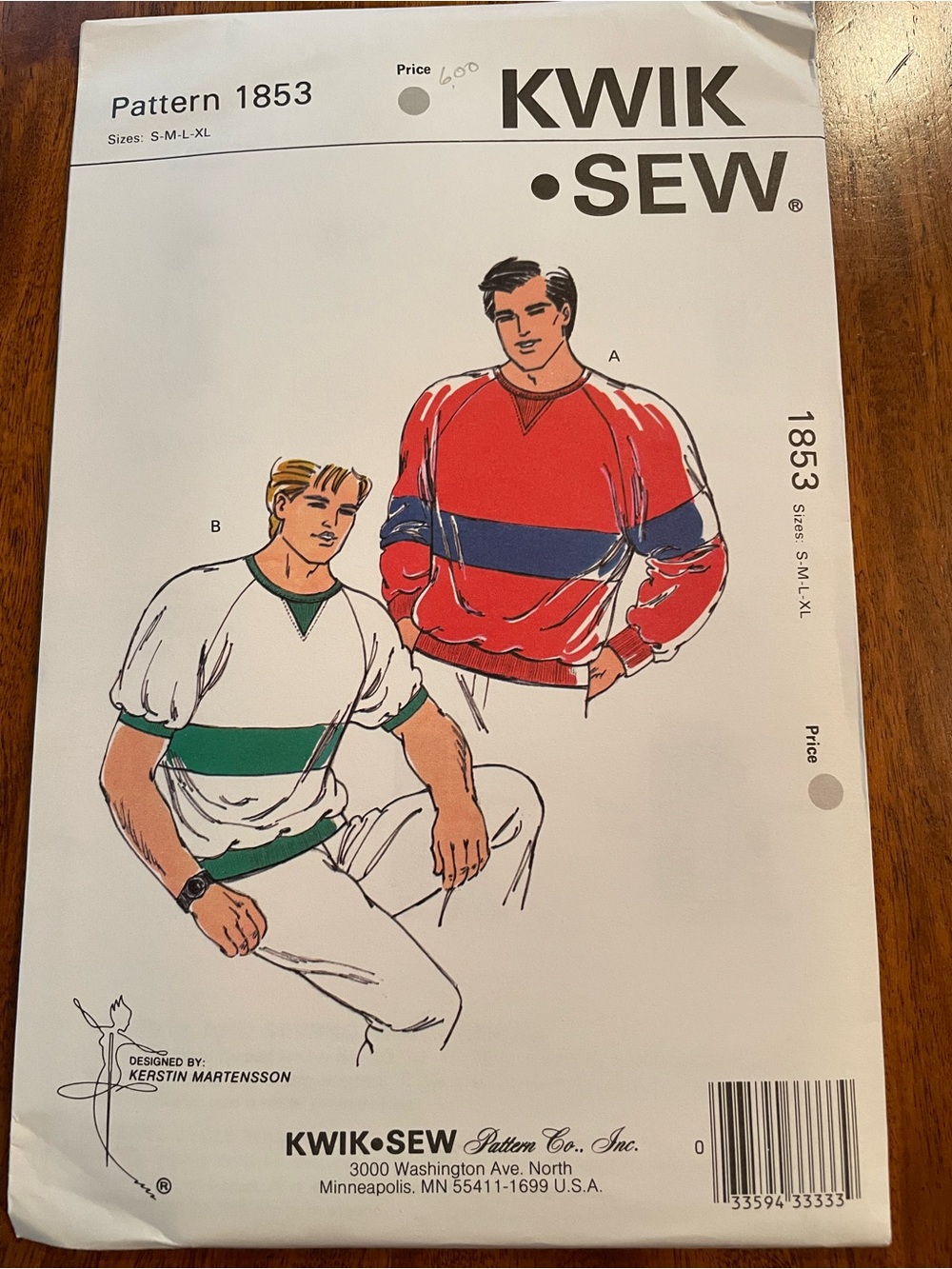 NEW!  Kwik Sew Pattern #1853 Unopened Men’s Long/Short Sleeve Ragland Pullovers